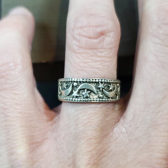 Jewelry - Size 8 925 Sterling Silver Night Sky Stars And Moon Rustic Ring